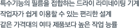 특수기능의 필름을 접합하는 드라이 라미네이팅 기계
작업자가 쉽게 이용할 수 있는 편리한 설계
같은 가격대의 여타 제품보다 높은 작업 능률